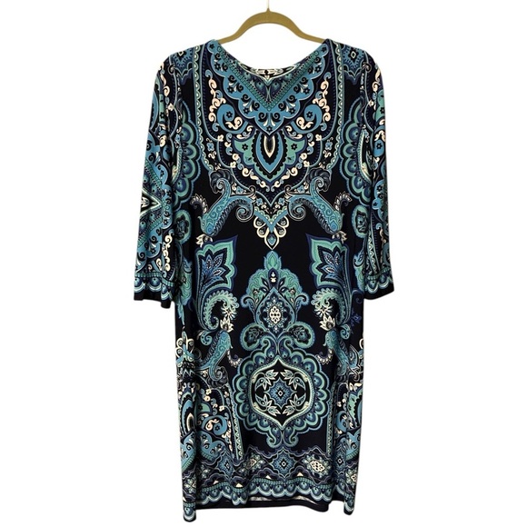 Chico’s Paisley Dress Size 1 (Medium) Blue 3/4 Sleeves Stretch Vacation - Picture 2 of 13